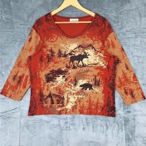 Cactus Bay Top XXL Red Alaska Bear Rhinestones All‎ Over Print Shirt Boxy Casual